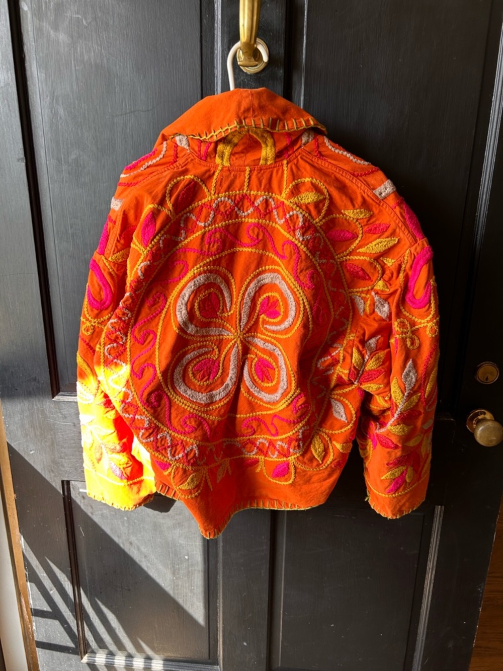 Free People Orange Embroidered Velvet Bomber Jacket with Pink & Yellow Accents - Picture 5 of 9